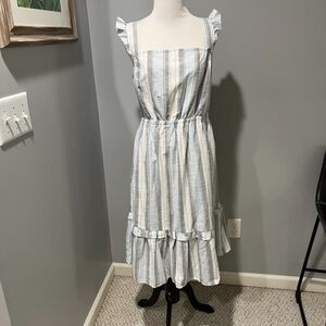 Madison Grey Blue Striped 100% Cotton Square Neck Ruffles Smocked Midi Dress XL